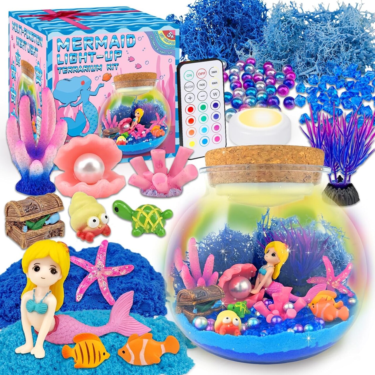 Mermaid Terrarium Kids' Summer Art & Craft Kits - LED Night Light Up & Remote Mermaid Birthday Gifts Toys for Girls Age 5 6 7 8 9 10 11 12 Year Old